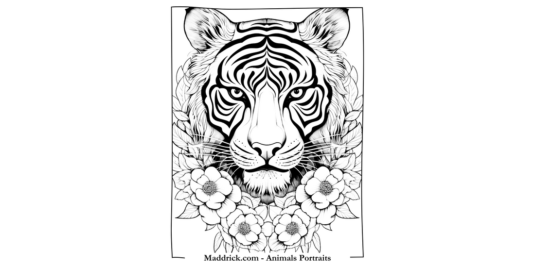 Animal Portraits coloring book page - Tiger and flowers - Maddrick