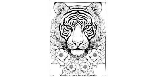 Animal Portraits coloring book page - Tiger and flowers - Maddrick