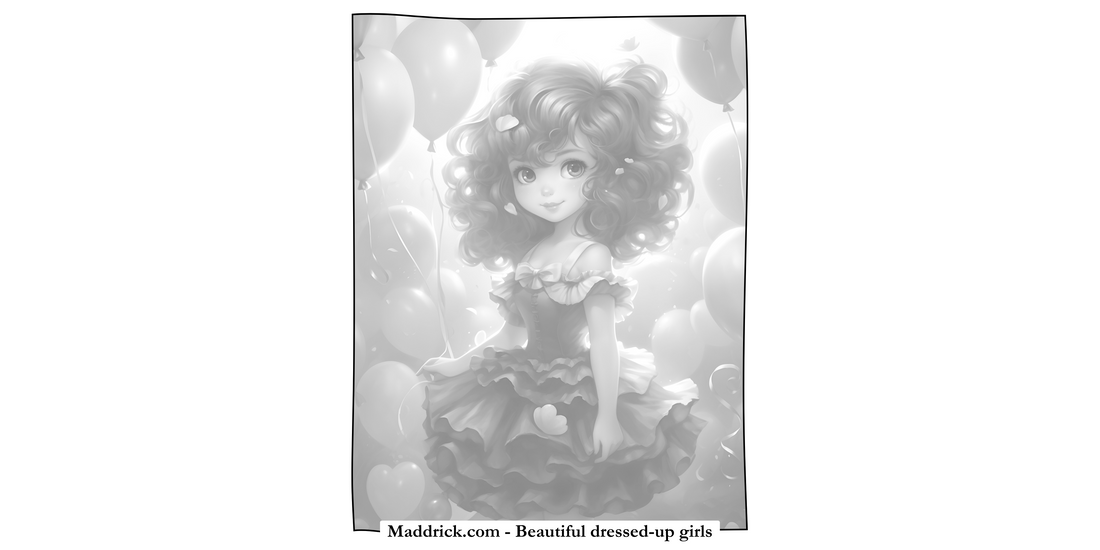 Beautiful dressed-up girls grayscale coloring book page - Cute dark hair girl with balloons - Maddrick