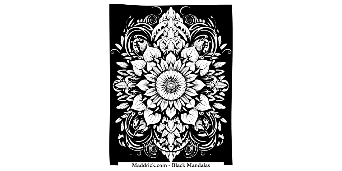 Black Mandalas coloring book page - Complex mandala over black background - Maddrick