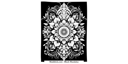 Black Mandalas coloring book page - Complex mandala over black background - Maddrick