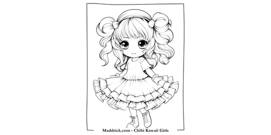 Chibi Kawaii girls coloring book page - Cute dancer girl with bangs - Maddrick