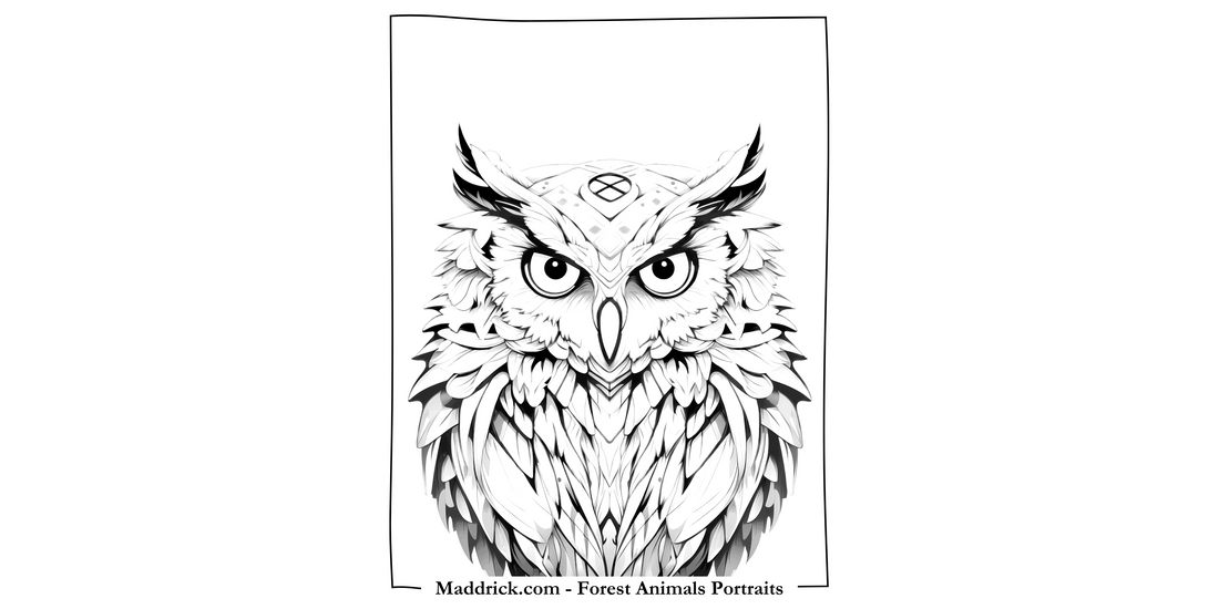 Forest Animal Portraits grayscale coloring book page - Owl - Maddrick