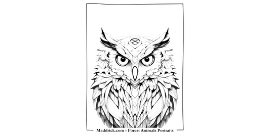 Forest Animal Portraits grayscale coloring book page - Owl - Maddrick