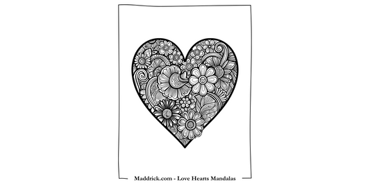 Love Hearts Mandalas coloring book page - Heart mandala with flower design - Maddrick