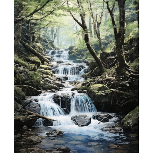 Forêt luxuriante et ruisseau d'eau Affiche