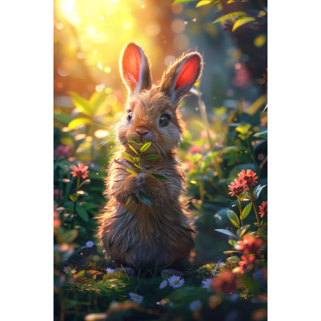 Forêt luxuriante et lapin en dessin animé marron Affiche