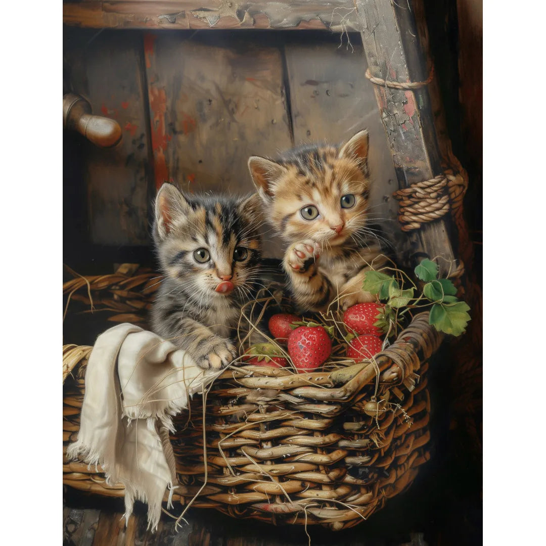 Chatons dans un panier en osier et des fraises Affiche