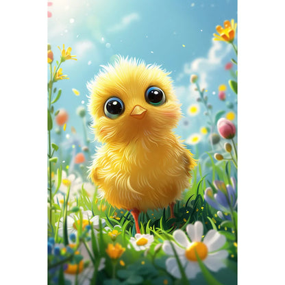 Cartoon yellow chick in summer field Poster