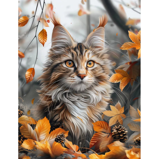 Portrait de chat Maine coon dans les feuilles d'automne Affiche