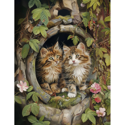 Two tabby kittens in a wooden pipe Poster