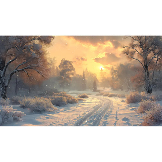 Snowy road at dawn Poster