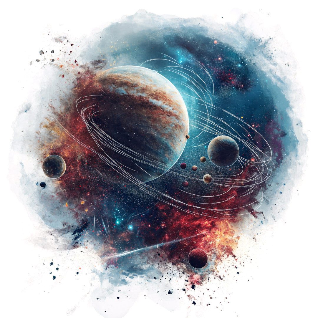 Watercolor space scene with gas giant planet, moons and stars - Poster