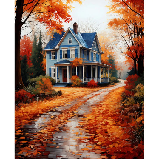 Maison de campagne bleue en automne Affiche