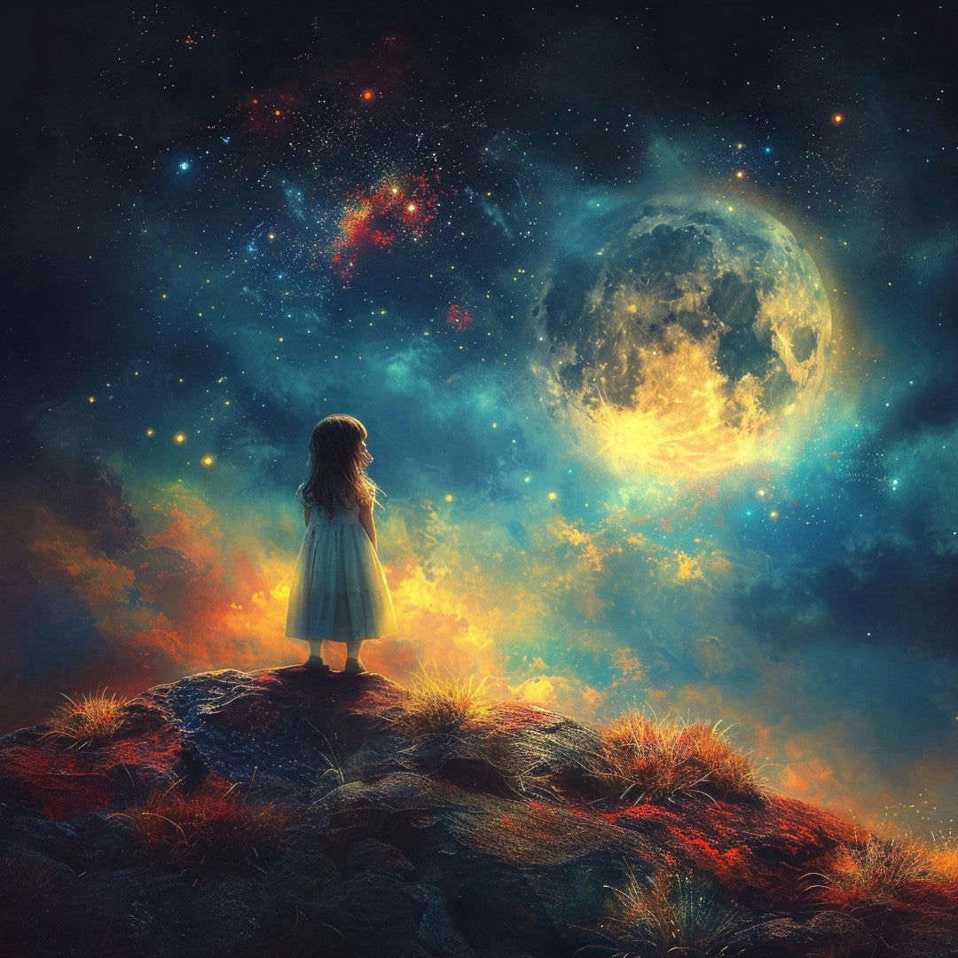 Little girl wishing under the stars and full moon - Poster