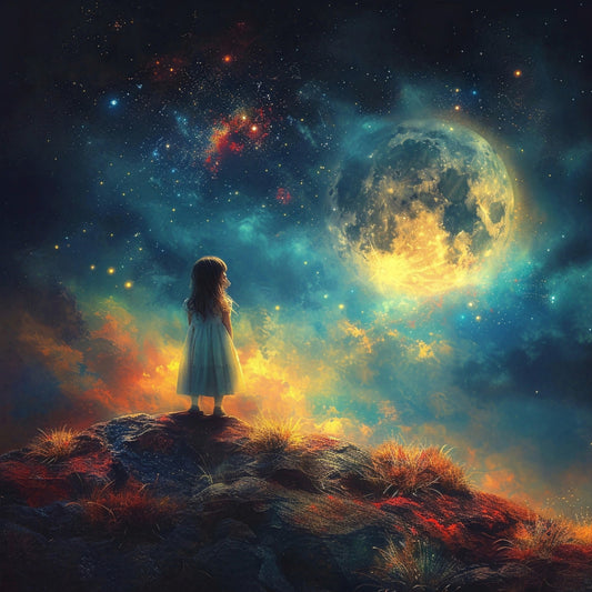 Little girl wishing under the stars and full moon - Poster