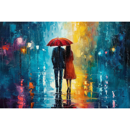 Couple d'amoureux sous la pluie la nuit partageant un parapluie - Affiche