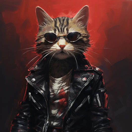 Chat Cyberpunk avec veste en cuir noir Affiche