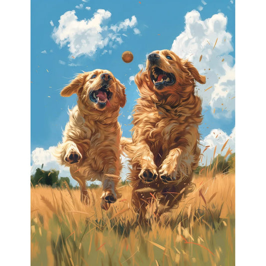 Two golden retriever dogs playing in a field Poster