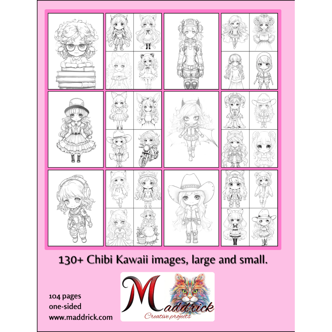 Chibi Kawaii Girls: Coloring book with over 130 cute girls in various settings, jobs and animal costumes. - Maddrick