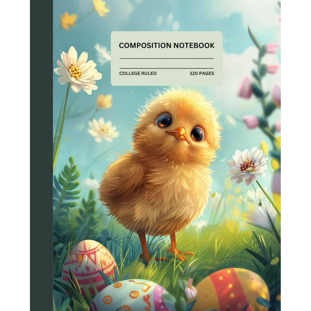 Carnet de composition : Petit poussin jaune dans le jardin à Pâques | Règle universitaire | 120 pages lignées | 7,5 x 9,25 pouces