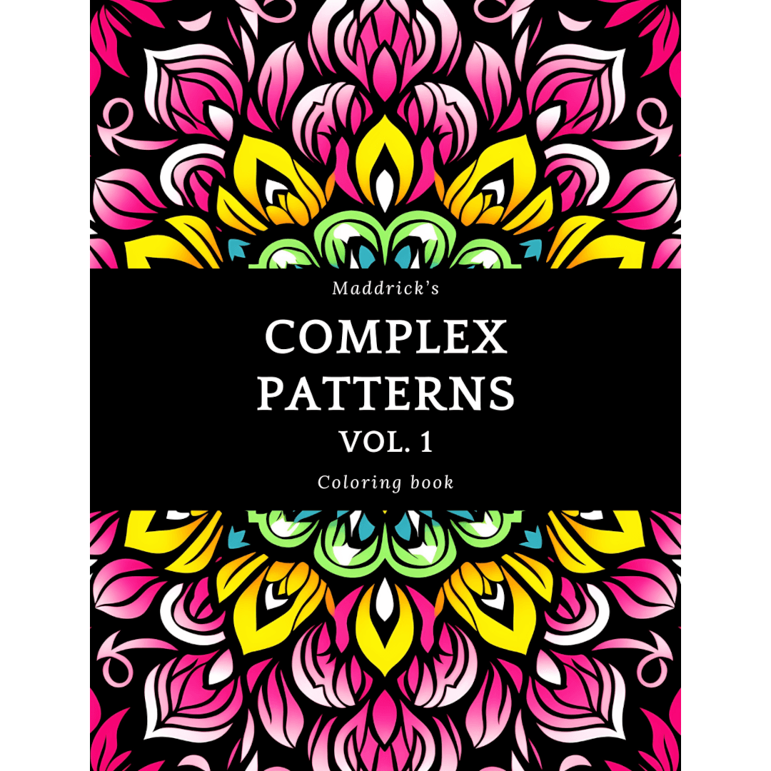 Cover of Maddrick's complex patterns vol. 1.  The cover is a full-page mandala in pink, white, yellow, green and blue.  The title is in the middle in white over a black band.