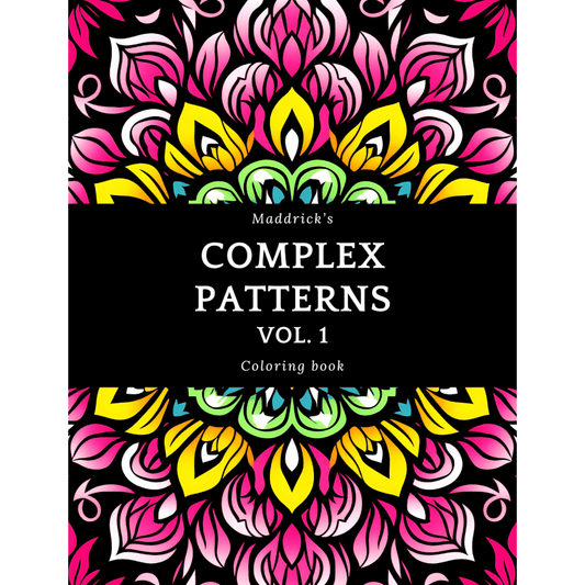 Cover of Maddrick's complex patterns vol. 1.  The cover is a full-page mandala in pink, white, yellow, green and blue.  The title is in the middle in white over a black band.