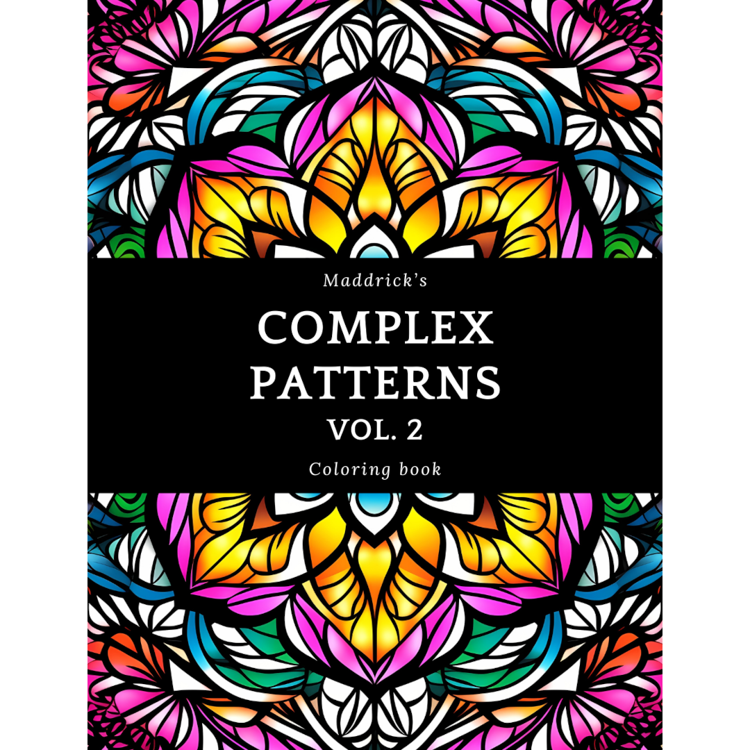 Cover of Maddrick's complex patterns vol. 2.  The cover is a full-page mandala in pink, white, yellow, purple and blue.  The title is in the middle in white over a black band.