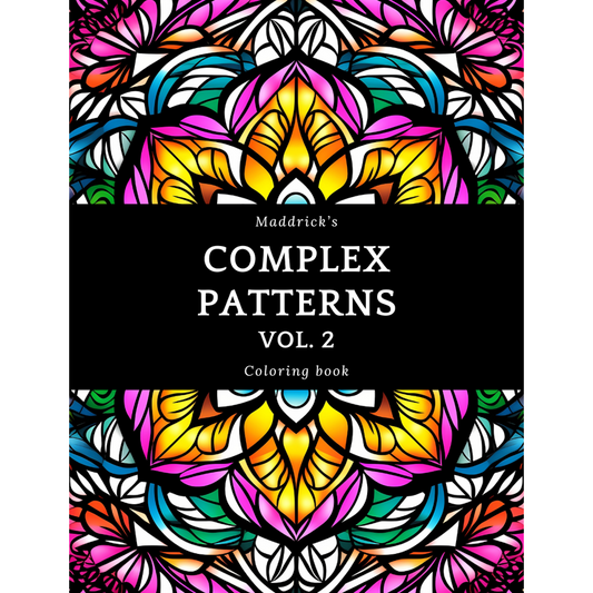 Cover of Maddrick's complex patterns vol. 2.  The cover is a full-page mandala in pink, white, yellow, purple and blue.  The title is in the middle in white over a black band.