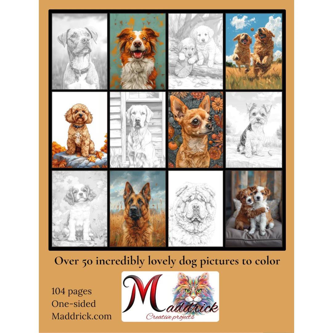 The Dog Album: Coloring book of dogs and puppies. Light grayscale.