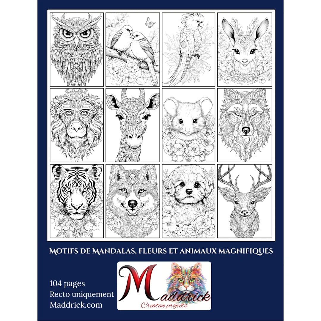 Portraits Animaux: Livre de coloriage incluant des animaux ayant des motifs complexes de fleurs et de mandalas. Activité de détente pour coloriste de tout niveau.