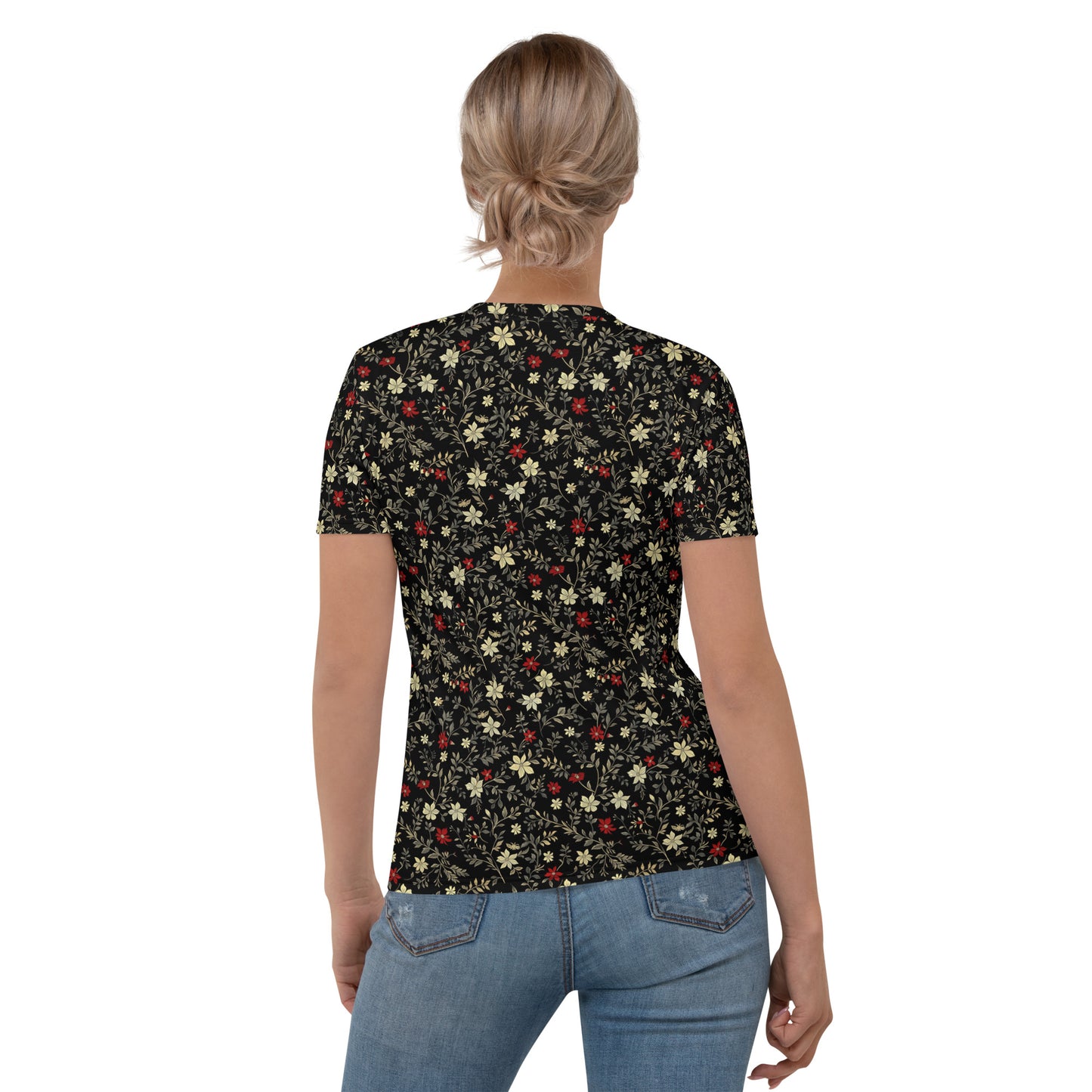 Red and white flowers on black Women's T-shirt