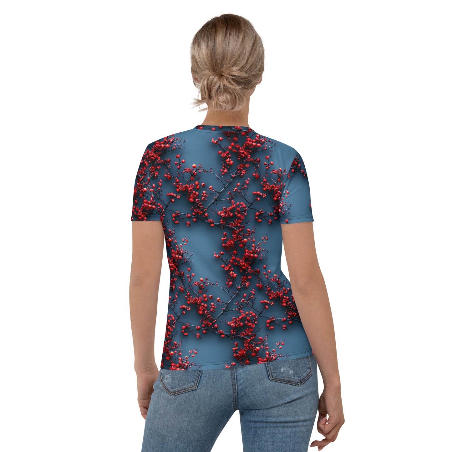 T-shirt Femme bleu baies et fleurs écarlates