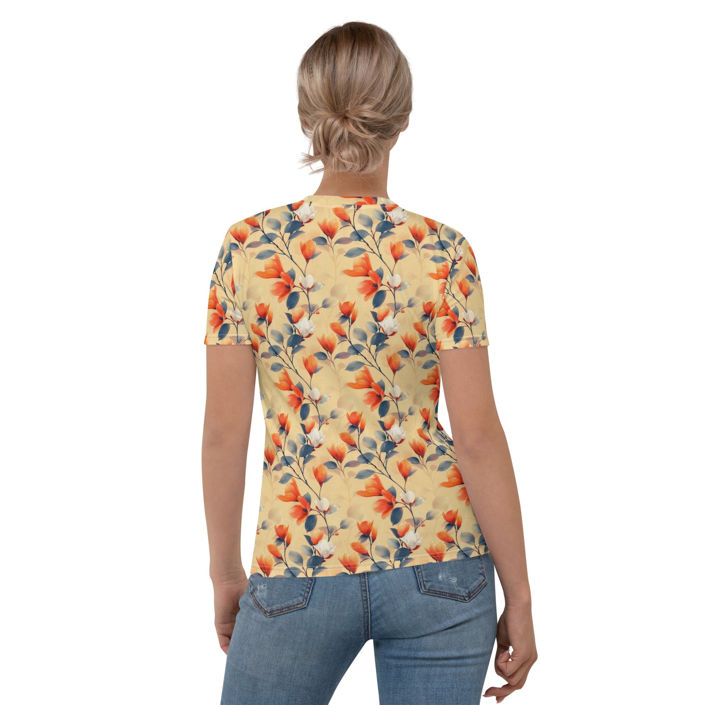 T-shirt Femme jaune fleurs orange et blanches