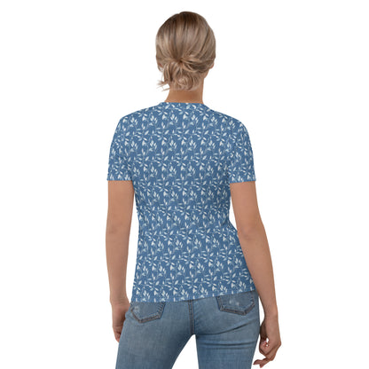 Tee shirt Femme silhouette blanche feuillage bleu