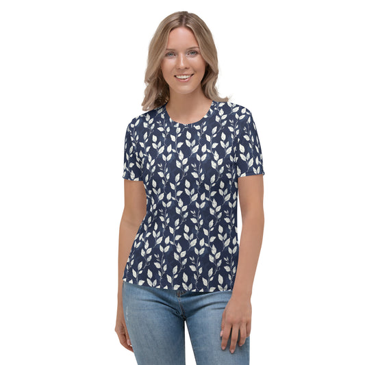 T-shirt Femme Feuilles bleu profond et blanc