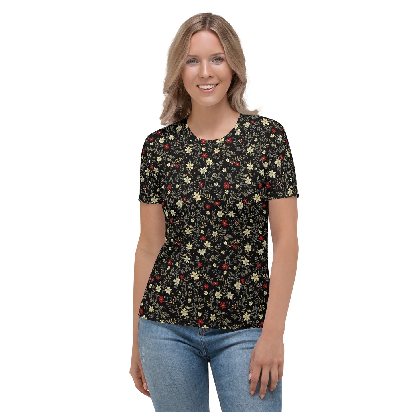 Red and white flowers on black Women's T-shirt