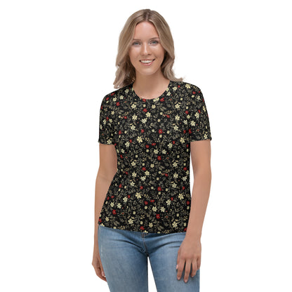 T-shirt Femme Fleurs rouges et blanches sur noir