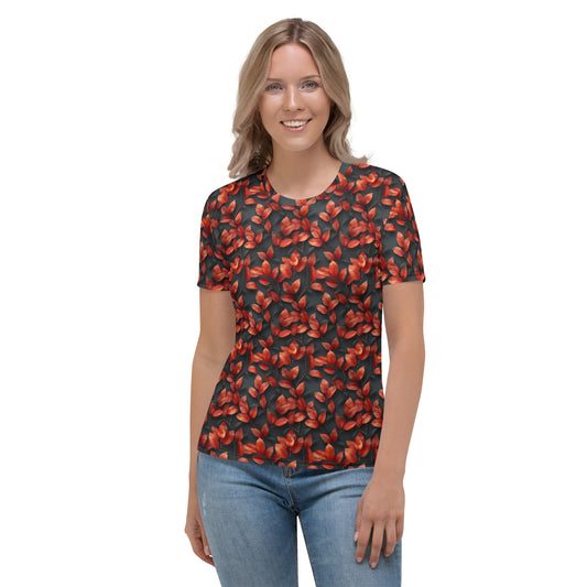 Feuilles rouges sur T-shirt Femme gris foncé