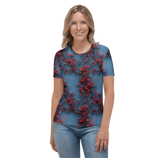 T-shirt Femme bleu baies et fleurs écarlates