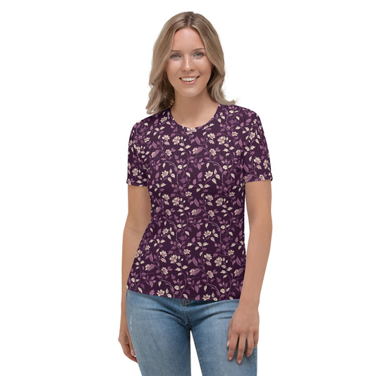 T-shirt Femme Fleurs feuillues blanches violet