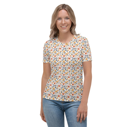 T-shirt Femme Fleurs feuillues jaunes et pêche