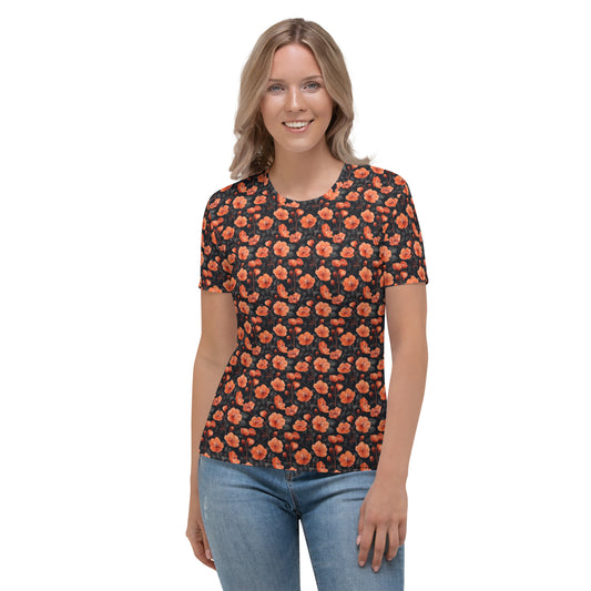 T-shirt Femme fleurs orange noir