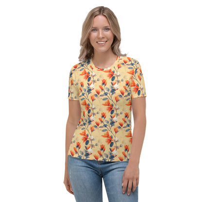 T-shirt Femme jaune fleurs orange et blanches