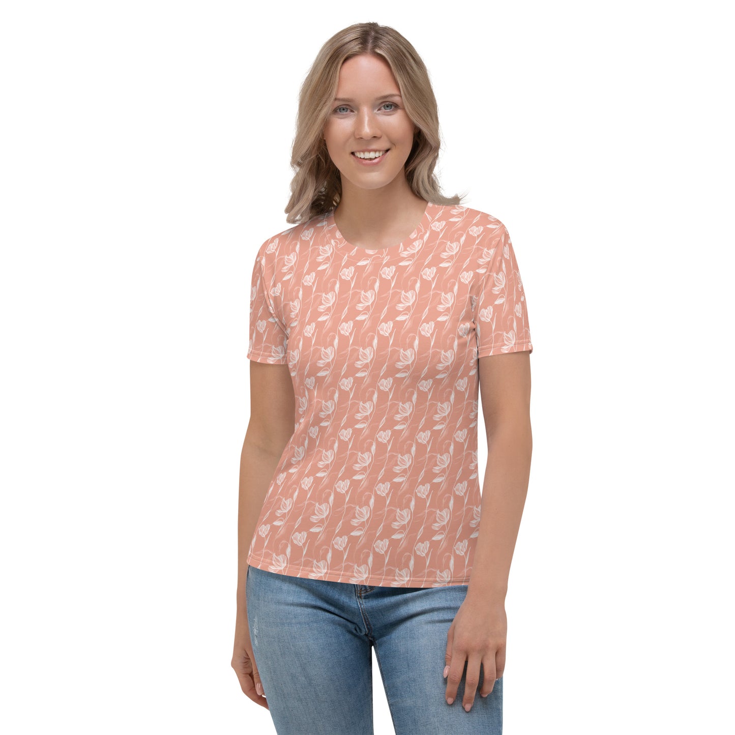 White flowers silhouette salmon Women's T-shirt