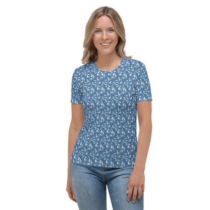 Tee shirt Femme silhouette blanche feuillage bleu