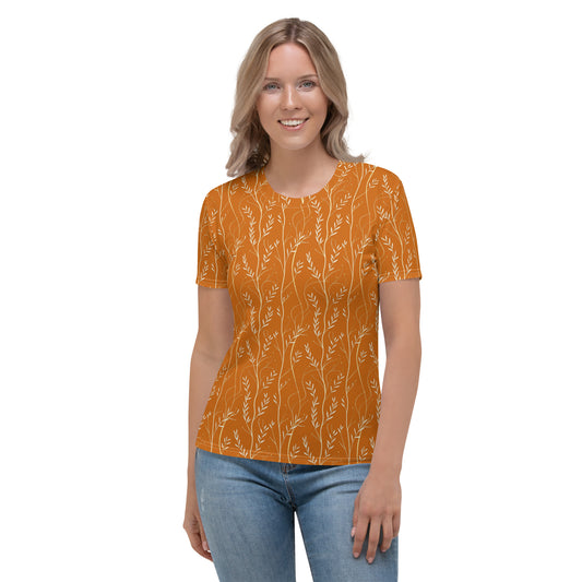 Tee shirt Femme silhouette blanche feuillage orange brûlé