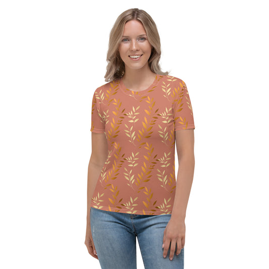 T-shirt Femme Saumon Feuilles Dorées