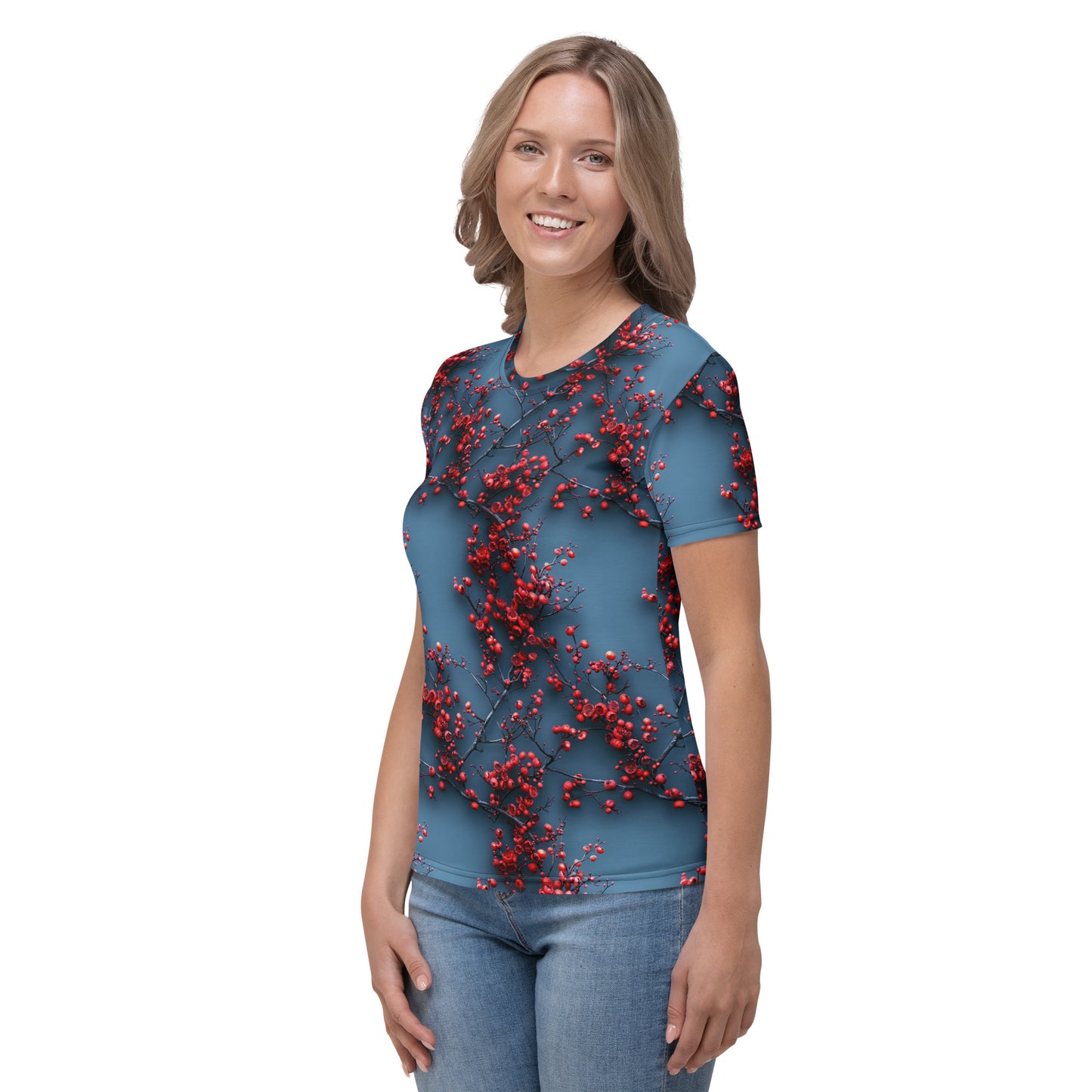 T-shirt Femme bleu baies et fleurs écarlates