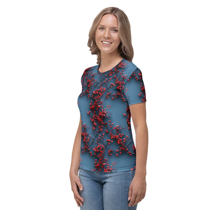 T-shirt Femme bleu baies et fleurs écarlates